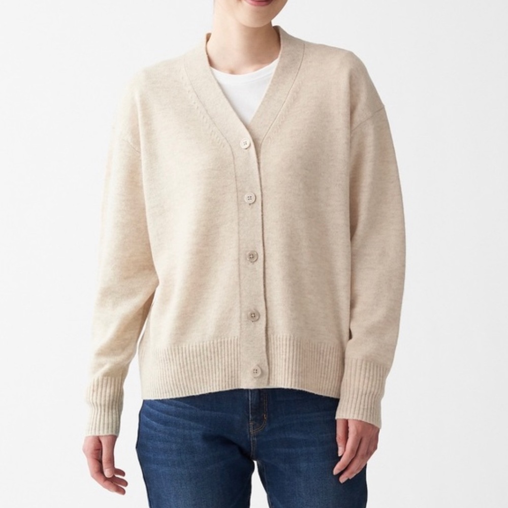MUJI - Womens Yak Blend Wool V Neck Cardigan - OATMEAL